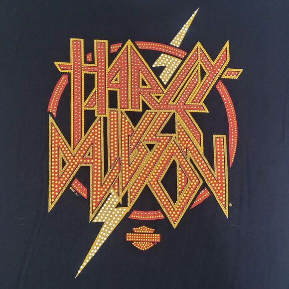 Harley Davidson Black Top Red Yellow Rhinestones Lightning Bolt Biker 2021 XL - Picture 2 of 9